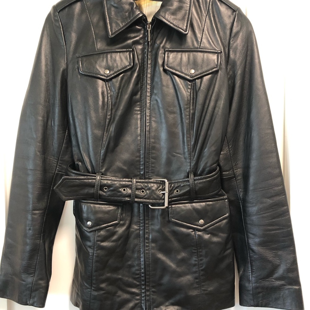 Kennth Cole Black Leather Belted Jacket